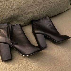 Black Open toe fall booties. Can be dressed up or down. Great with jeans.